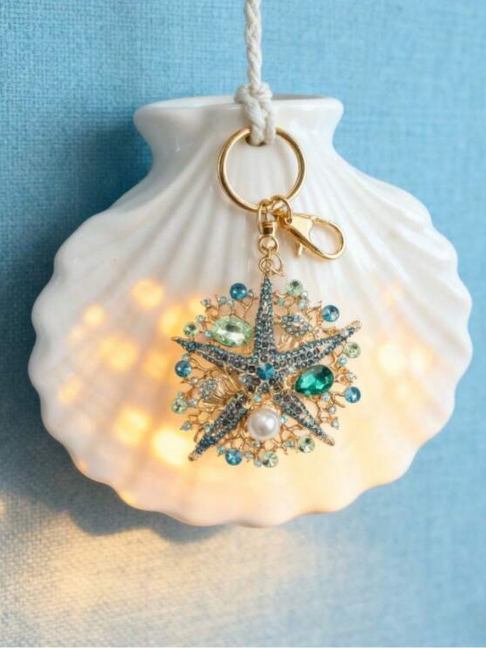Starfish Pendant Keychain - Gold with Teal and Aqua Accents - Picture 2 of 3